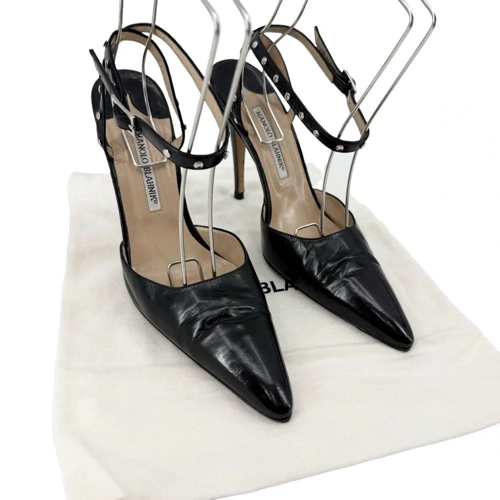 Manolo Blahnik Black Studded Slingback Heels 105mm Vintage Collectors Size 9.5
